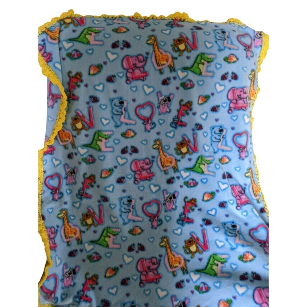 Baby Blanket Blue With Animal Love Print &‎ Yellow Crochet Edging handmade